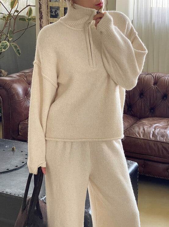 ハーフジッパー ワイドパンツ ウール混 ニット セットアップ