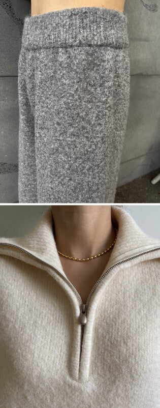 ハーフジッパー ワイドパンツ ウール混 ニット セットアップ
