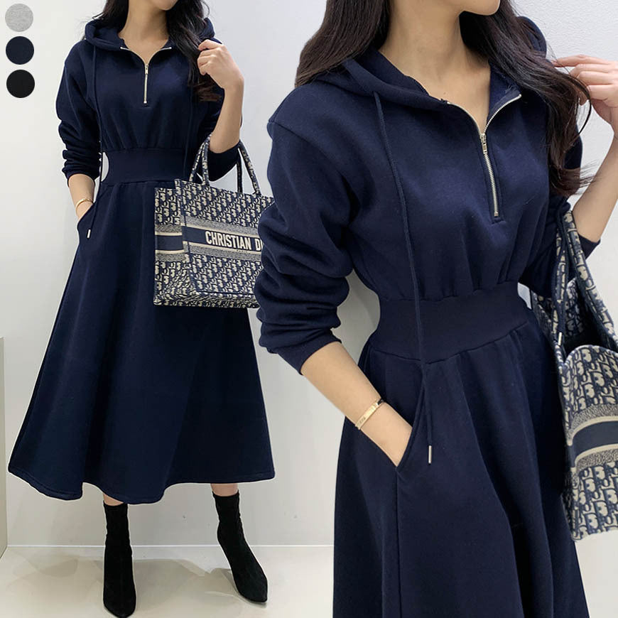 ハーフジップ フード ウエストバンド フレア ワンピース 裏起毛