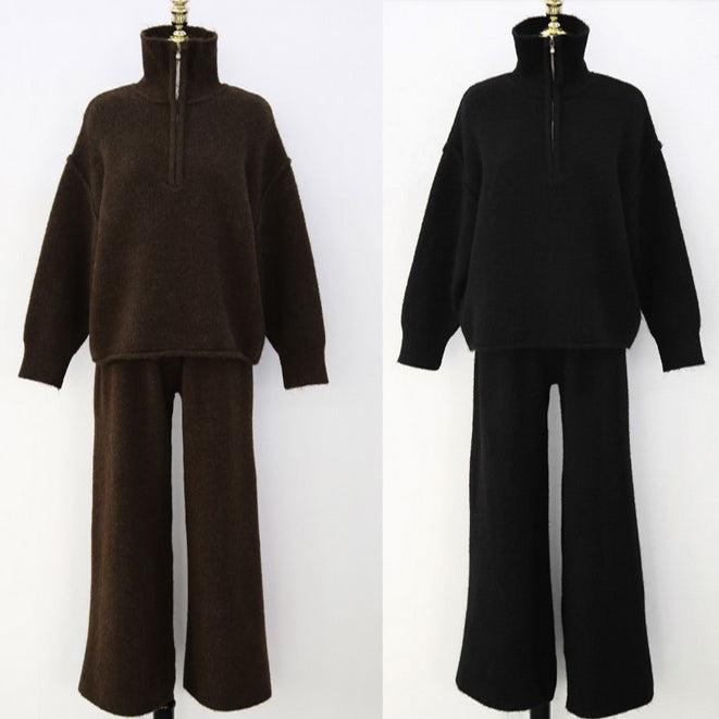 ハーフジッパー ワイドパンツ ウール混 ニット セットアップ