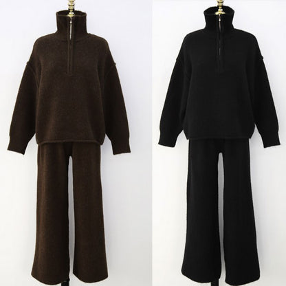 ハーフジッパー ワイドパンツ ウール混 ニット セットアップ