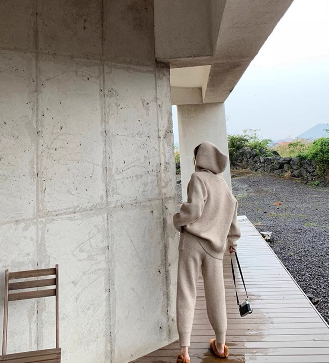 無地ニット上下セットパーカーパンツ秋冬