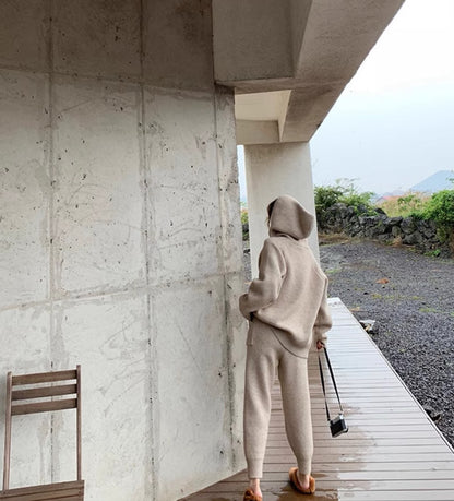 無地ニット上下セットパーカーパンツ秋冬
