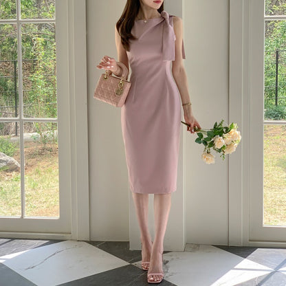 ノースリーブワンピース パーティードレス 肩リボン 膝丈 結婚式