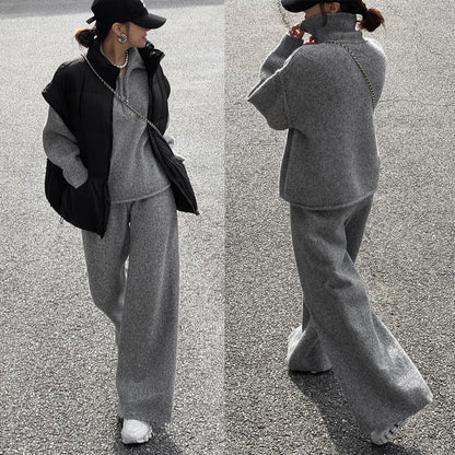ハーフジッパー ワイドパンツ ウール混 ニット セットアップ