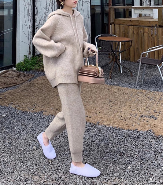 無地ニット上下セットパーカーパンツ秋冬