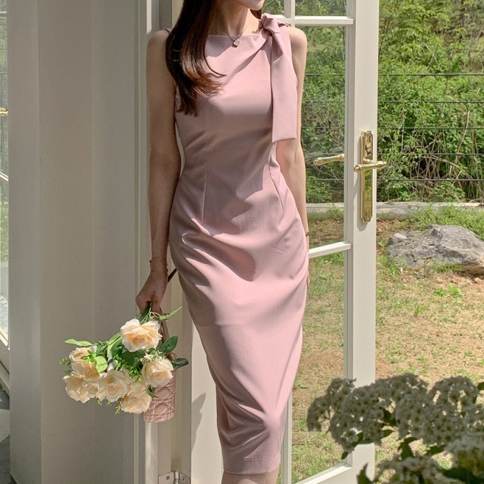 ノースリーブワンピース パーティードレス 肩リボン 膝丈 結婚式
