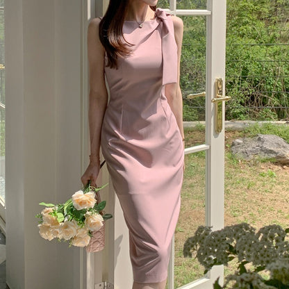 ノースリーブワンピース パーティードレス 肩リボン 膝丈 結婚式