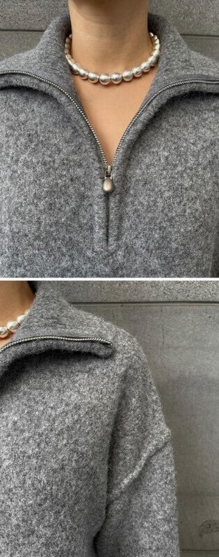ハーフジッパー ワイドパンツ ウール混 ニット セットアップ