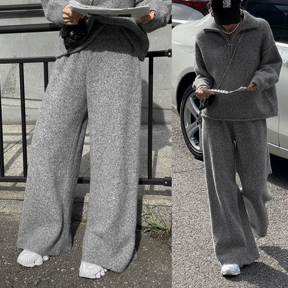 ハーフジッパー ワイドパンツ ウール混 ニット セットアップ