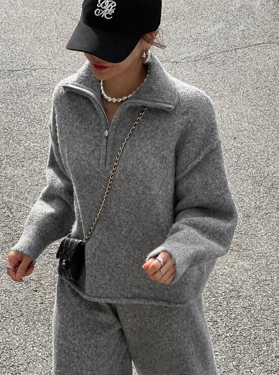 ハーフジッパー ワイドパンツ ウール混 ニット セットアップ