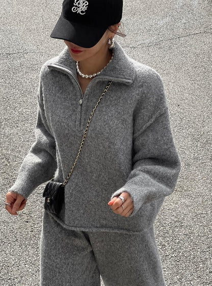 ハーフジッパー ワイドパンツ ウール混 ニット セットアップ