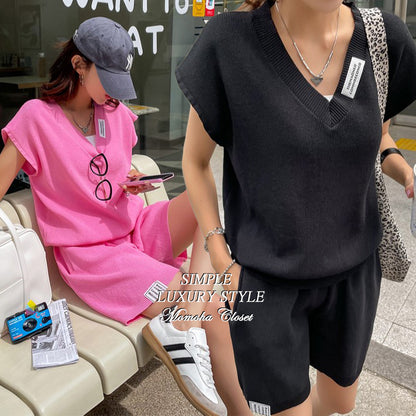 Vライン ロゴ フレンチスリーブ ハーフパンツ セットアップ