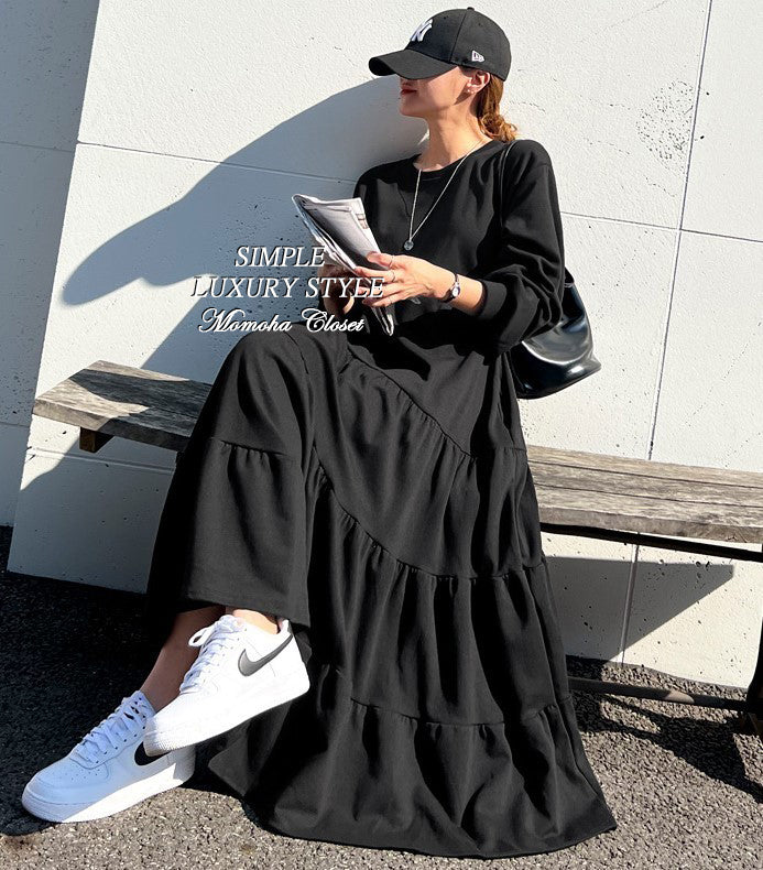 ラウンドネック ティアード ロング フレア ワンピース 全2色